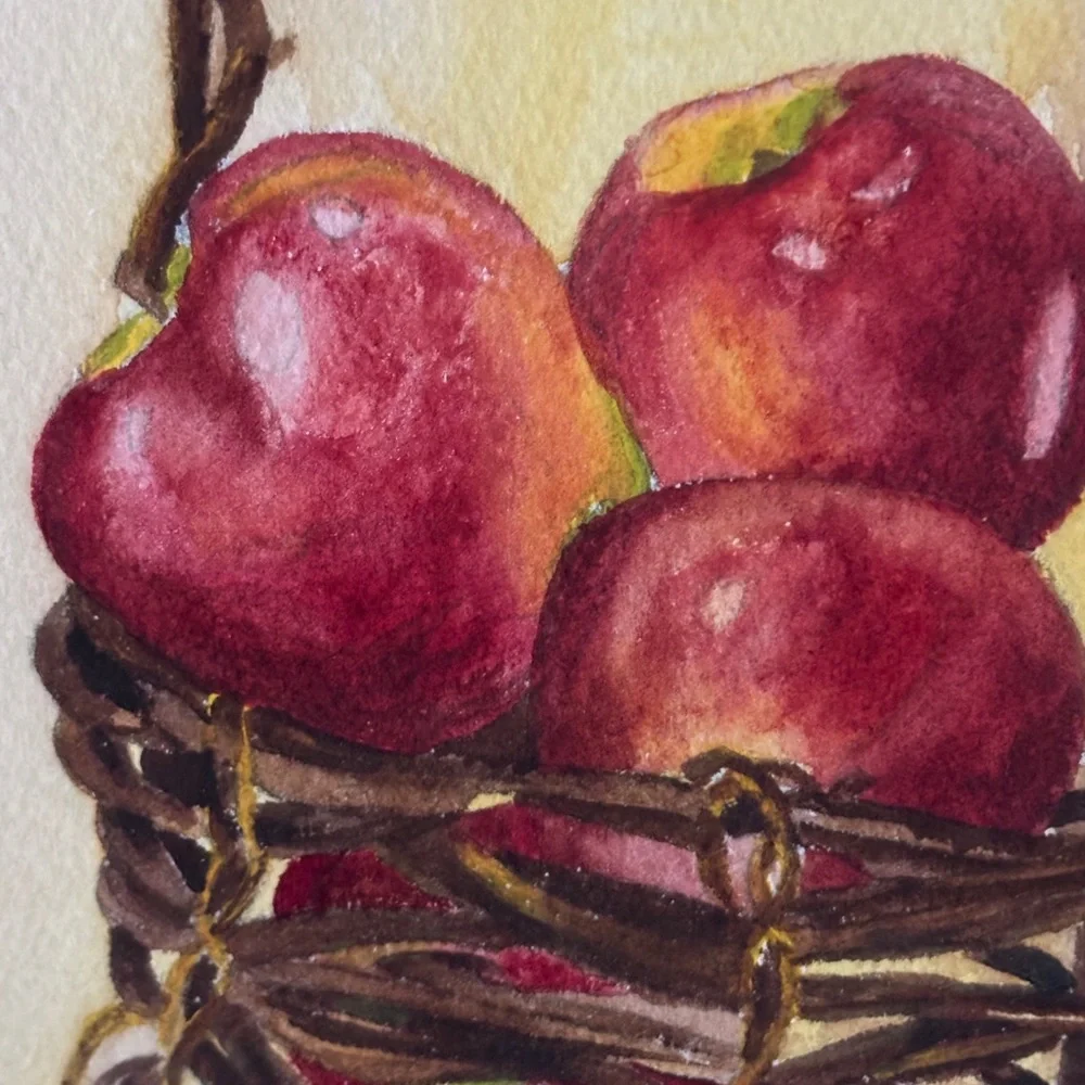 Vintage Original Artwork Watercolor of Apples in a Basket Folkart Hand Painted